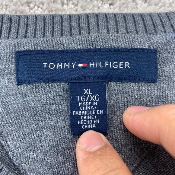 Tommy Hilfiger Argyle Sweater Men XL Gray White Diamond Pattern Knit -STAINS - Picture 3 of 8